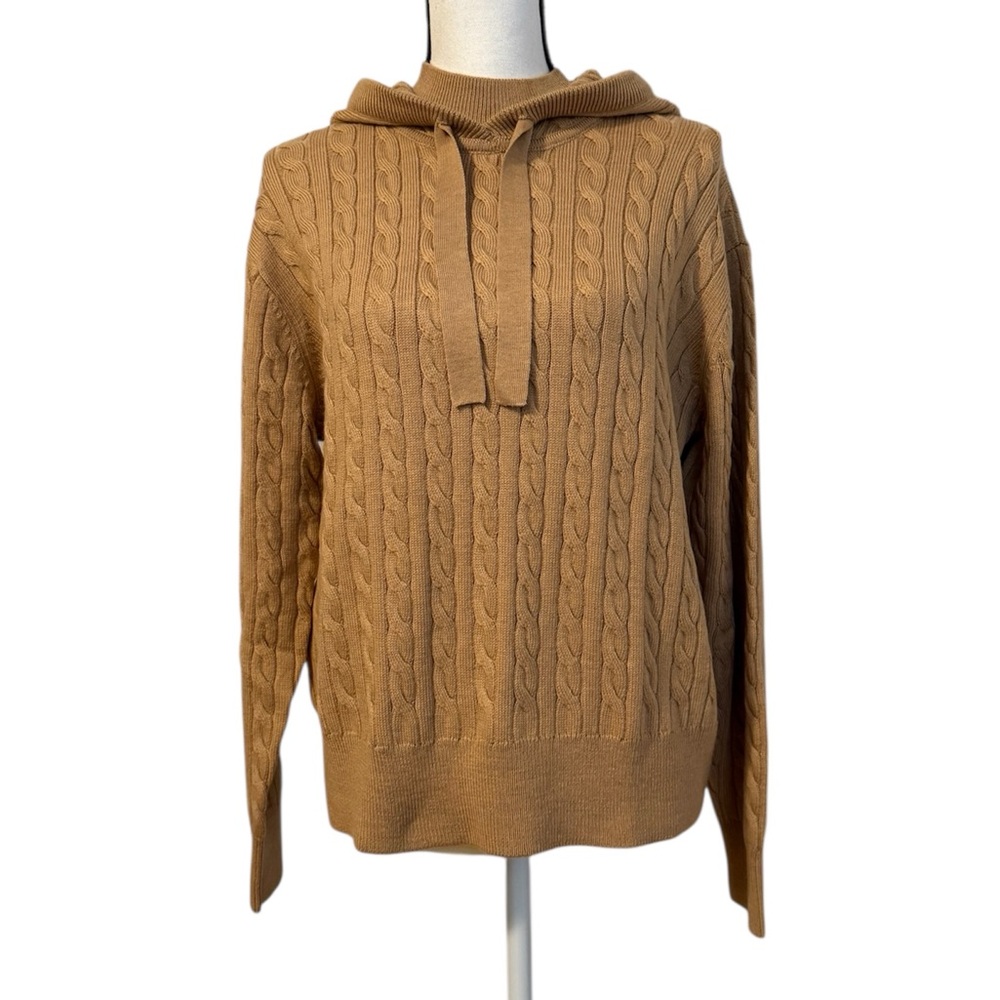 10 Crosby Derek Lam Tan Cable Knit Turtleneck Hoodie Sweater - Picture 2 of 12